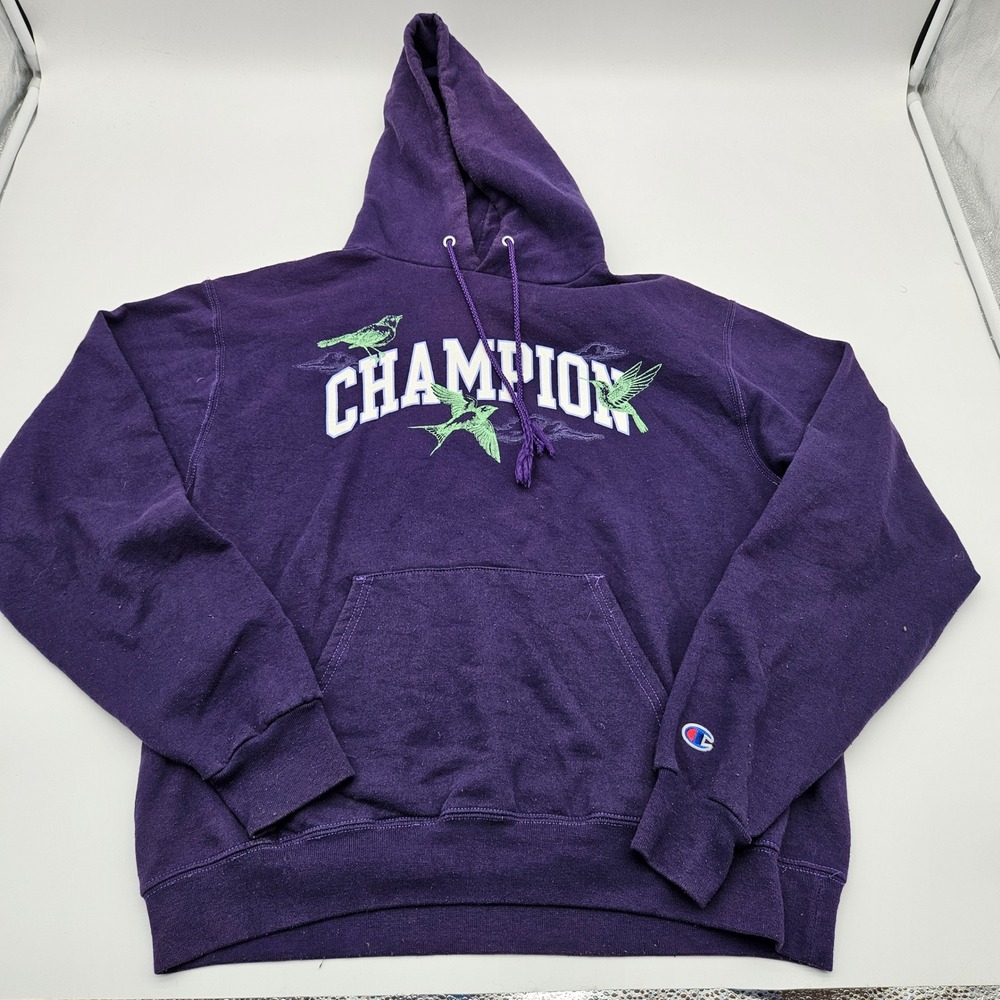 Champion Hoodie Purple Birds Graphic Pullover Hooded Sweatshirt‎ Mens Medium